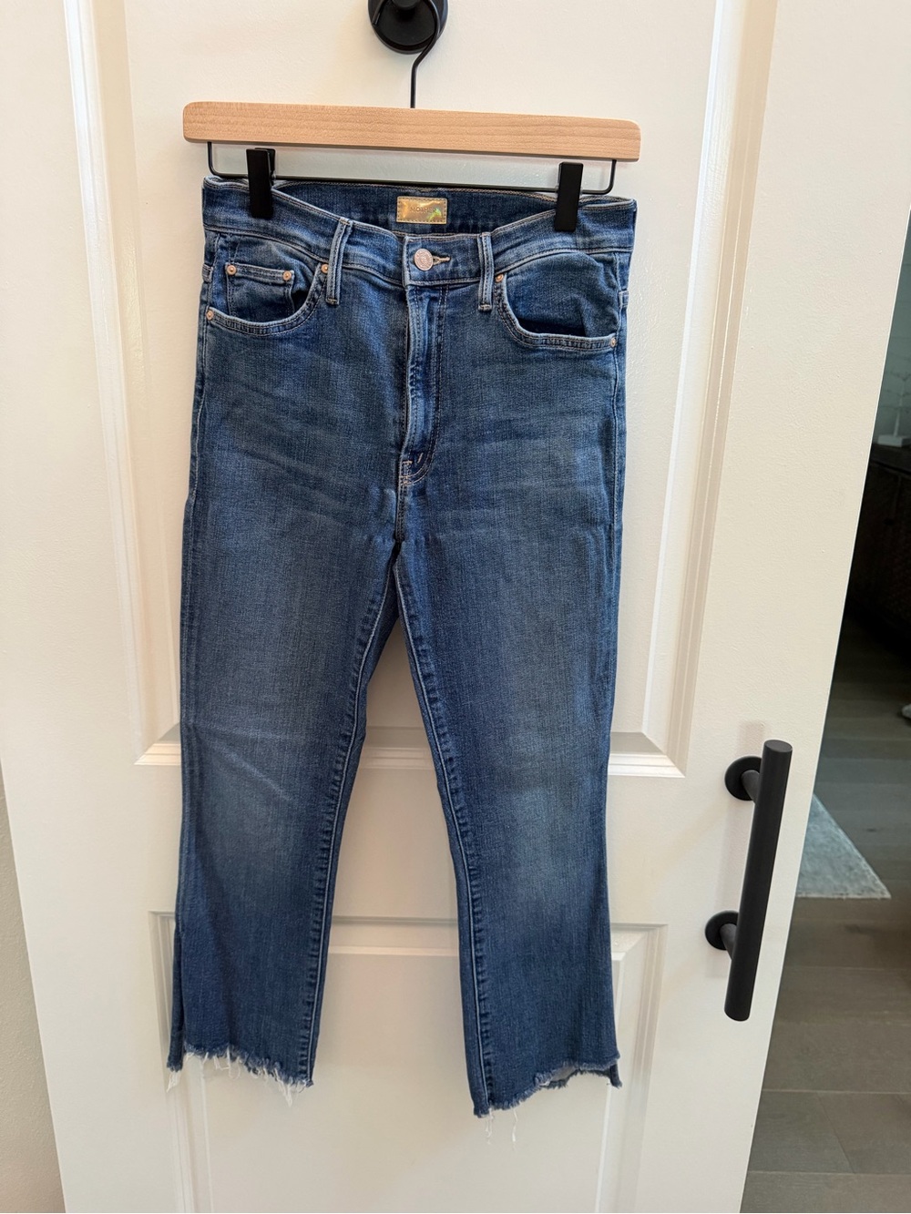 MOTHER Blue Raw-Hem Cropped Straight Jeans